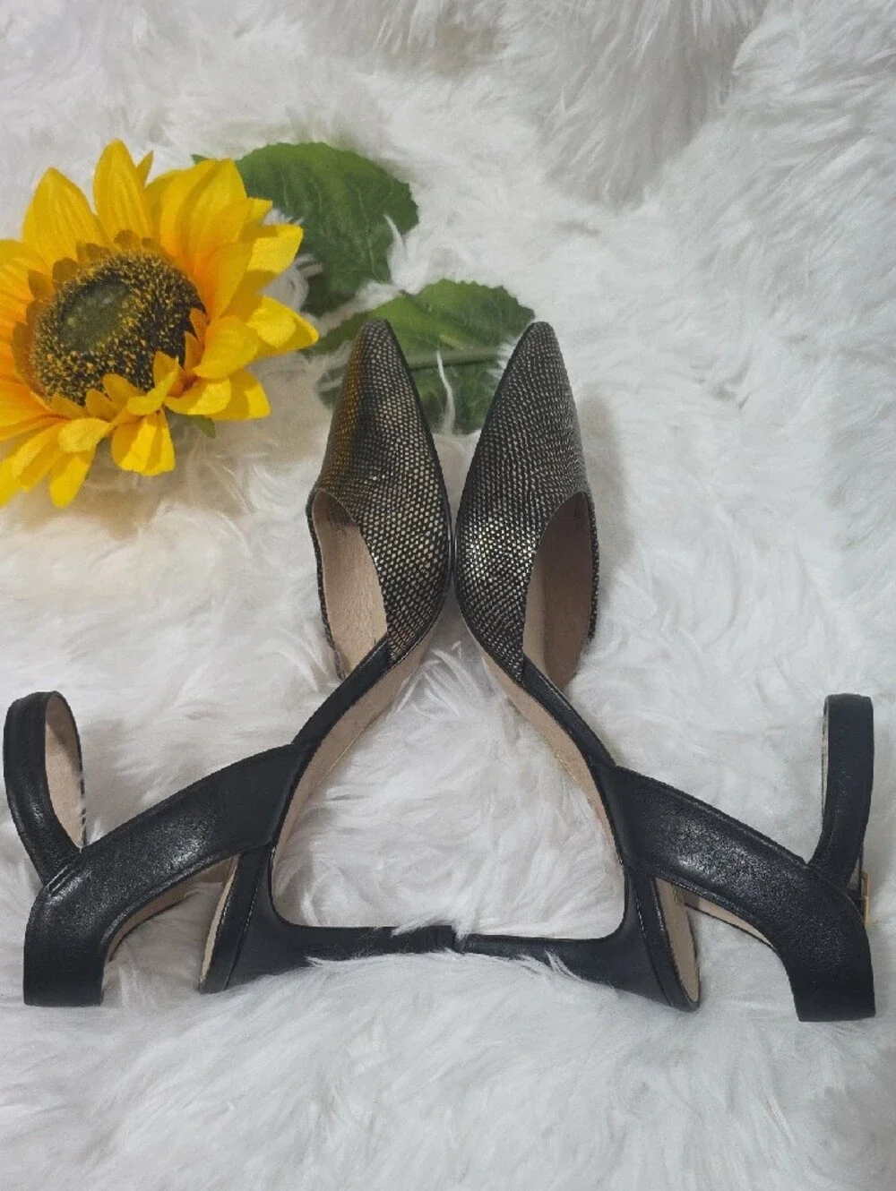 Louise et Cie Black Metallic Textured Pointed Ankle-Strap Heels